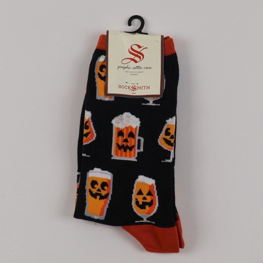 Sock Smith Crew Socks Pumpkin Beer Black Graphic One Size NWT